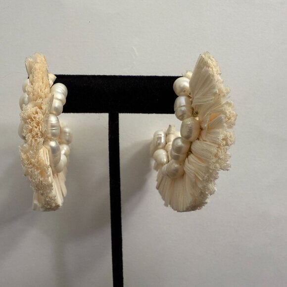 Anthropologie Raffia & Freshwater Pearl Statement Hoop Earrings Boho - Picture 7 of 8